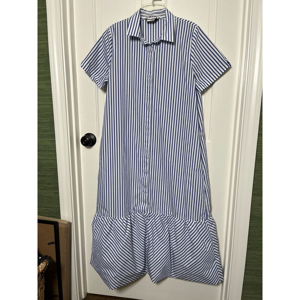Tuckernuck Blue White Stripe Shirt Dress L Bubble Hem Balloon Midi Coastal